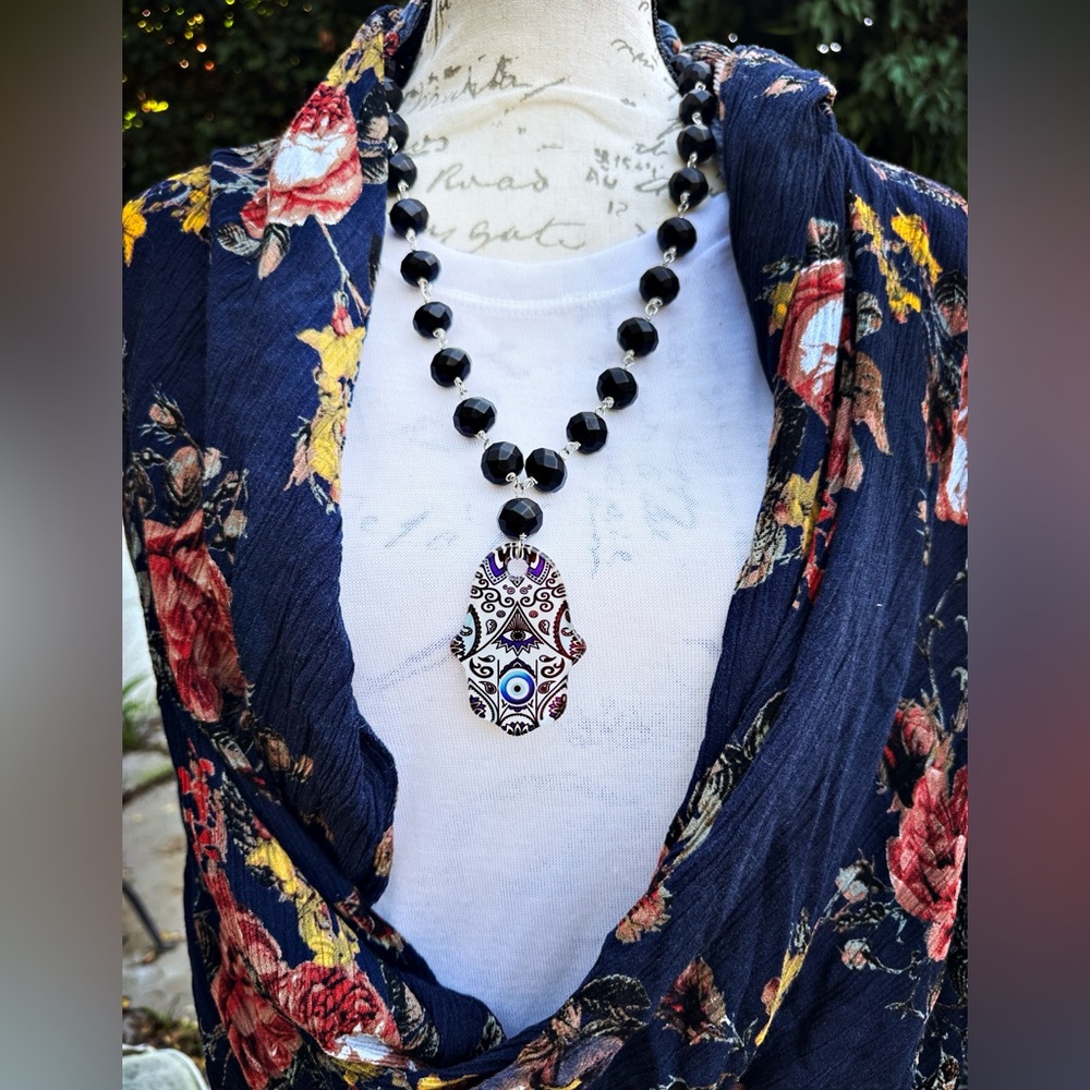 Elegant Black and Blue Hamsa Statement Necklace